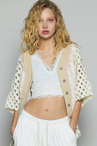 POL Button Down V-Neck Jacket with Printed Woven Patchwork