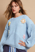 Crochet Flower Dropped Shoulder Sweater