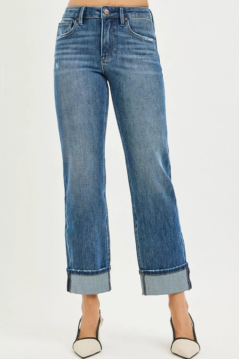 4 Way Stretch Slouchy Straight Jeans with Cuffed Hem