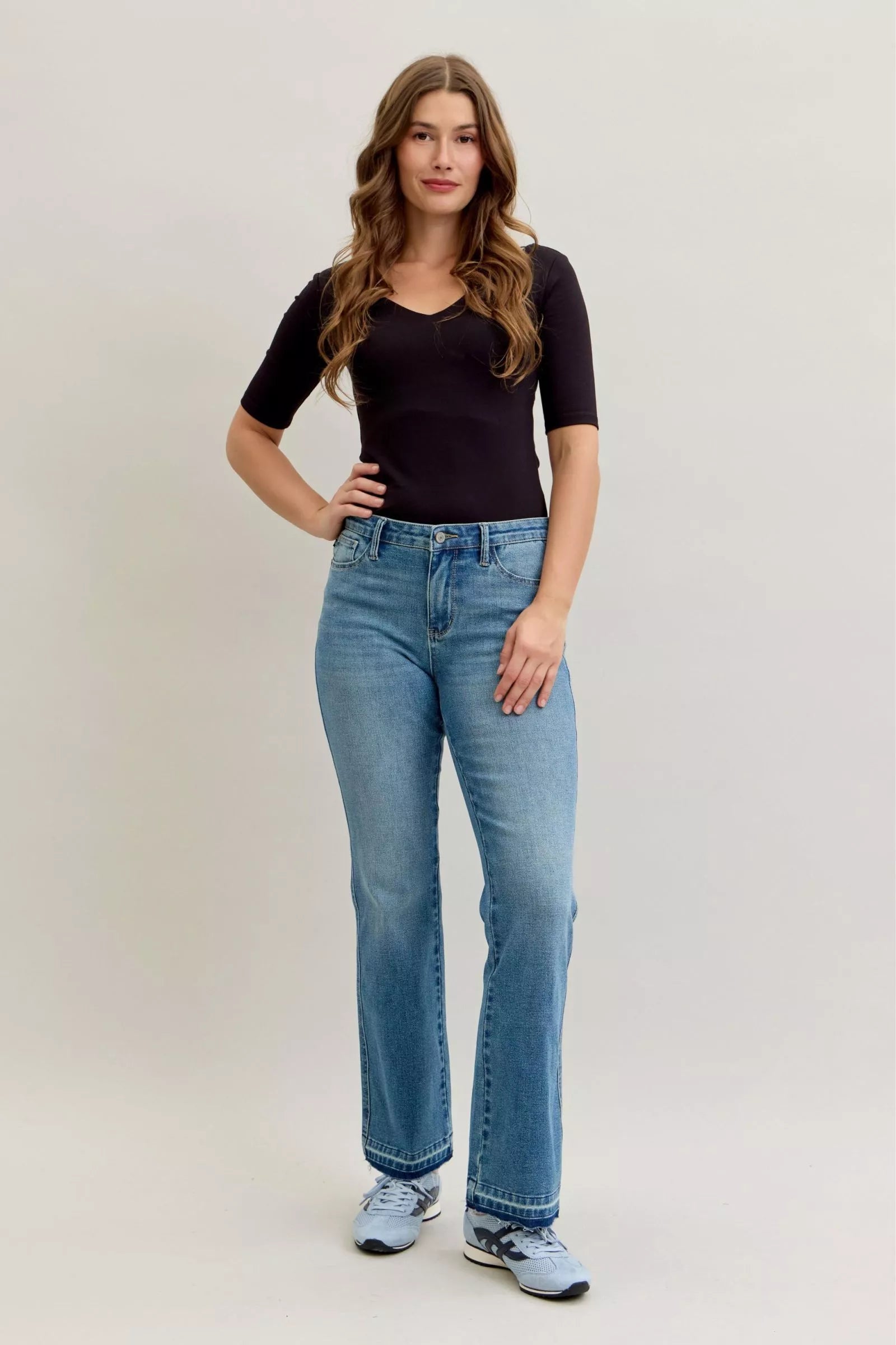 Mid Rise Slim Bootcut Tummy Control Release Hem Jeans