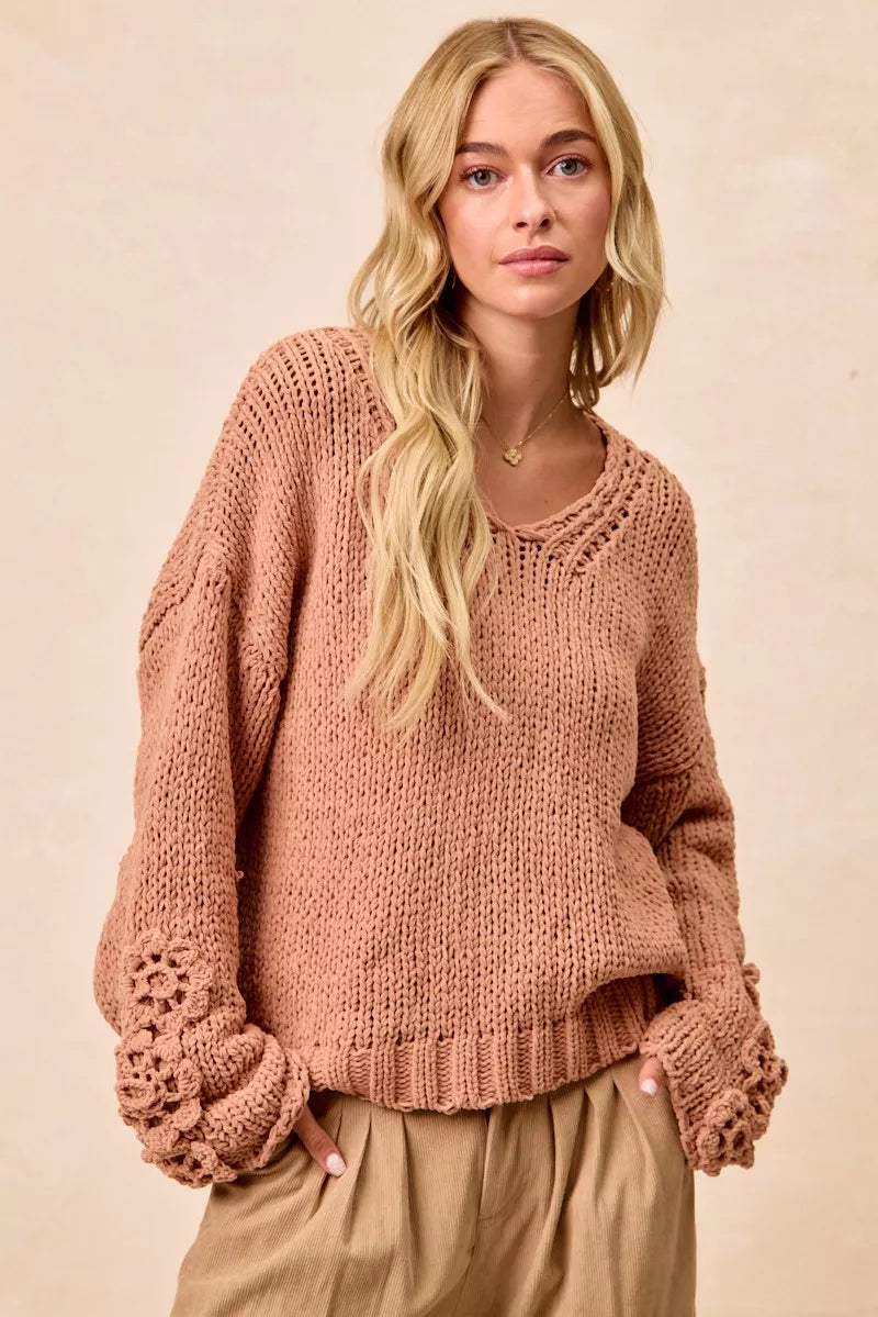BiBi Chunky Knit Sweater with Flower Detail Sleeves