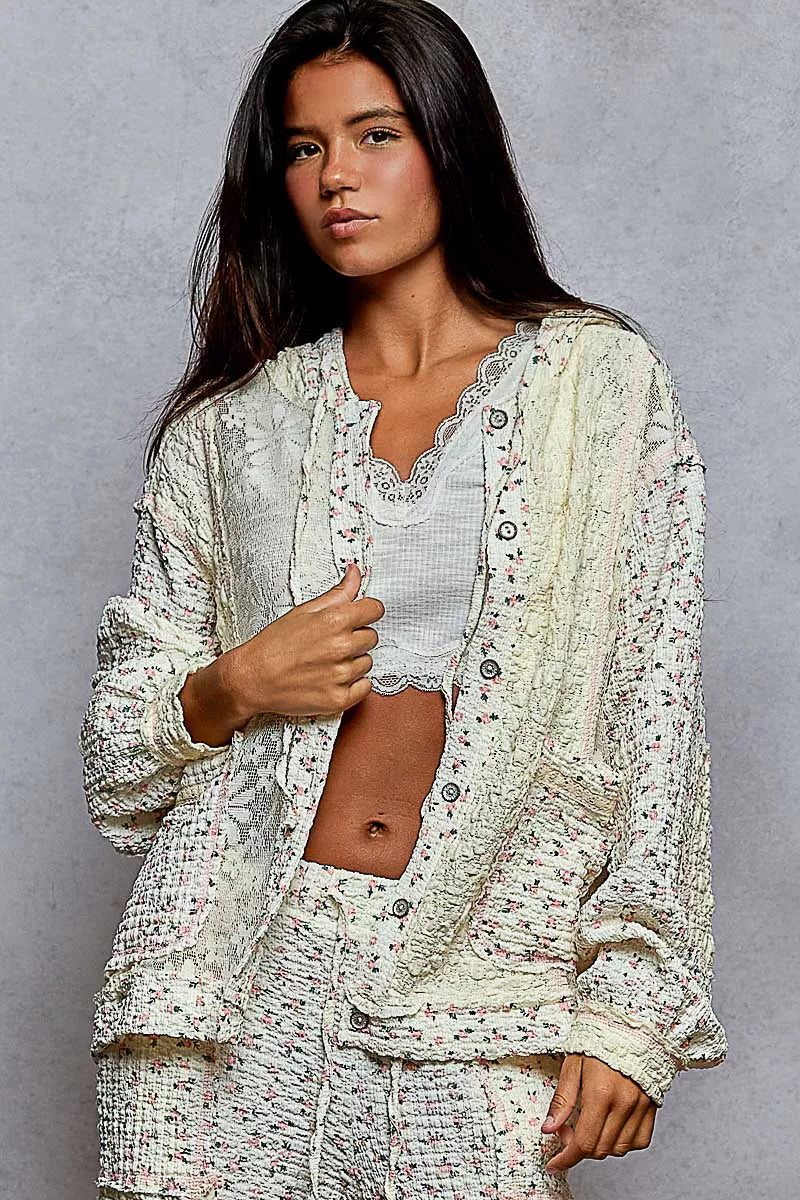 Floral Balloon Sleeve Hooded Lace Jacket