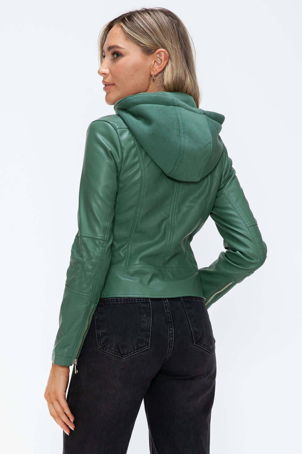 Upgrade your wardrobe with our Faux Leather Zip Up Hooded Jacket. Features a front zipper closure, long sleeves, and an adjustable drawstring hood for a casual and classy touch. Stay stylish and protect yourself from the elements with this must-have jacke