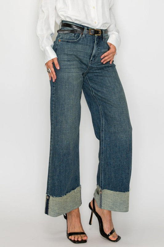 TUMMY CONTROL HIGH RISE CUFFED WIDE LEG JEANS