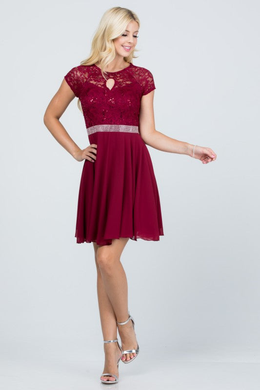 Lace Bodice Beaded Belt Chiffon Mini Dress
