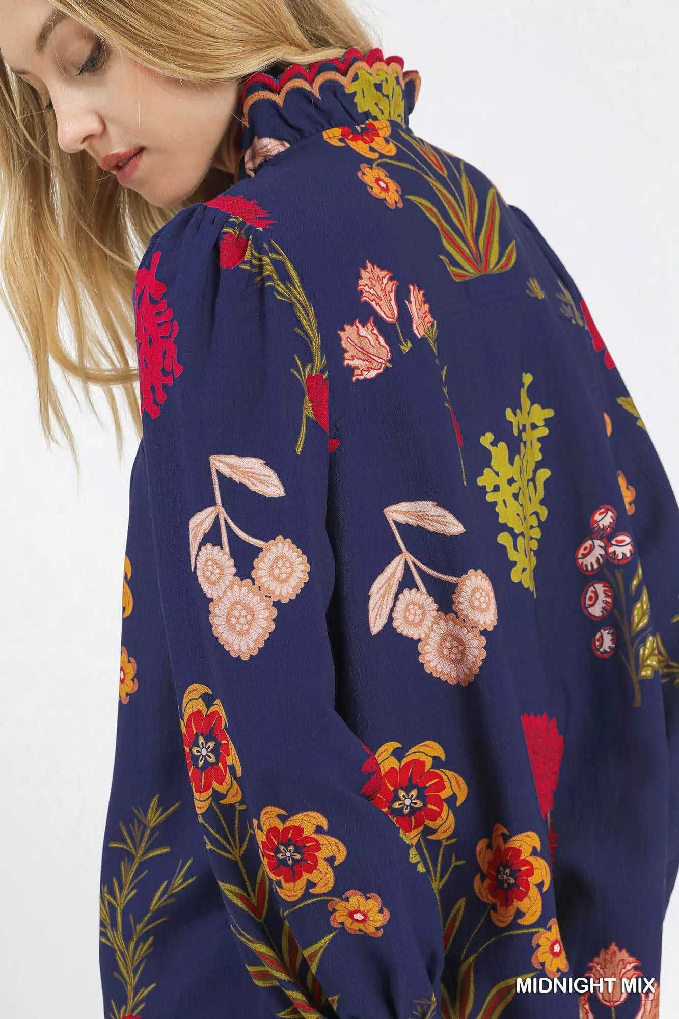 Floral Blouse with Scalloped Neckline
