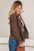 Corduroy Lapel Collar Zip-Up Buttoned Jacket