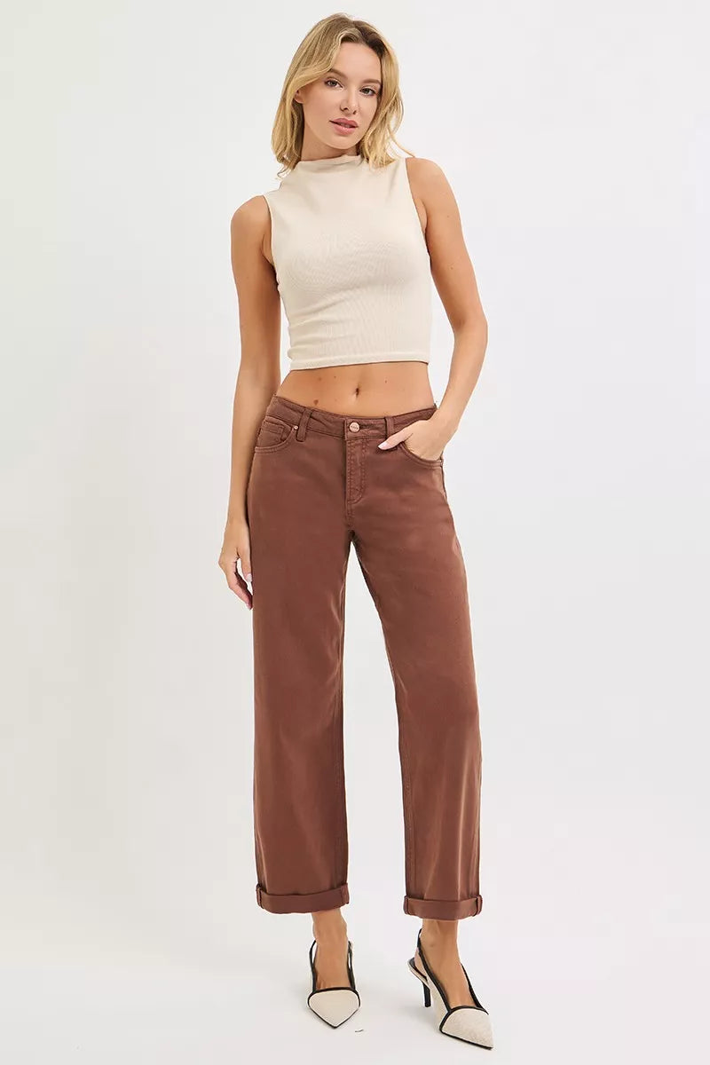 Tummy Control Mid Rise Ankle Barrel Baggy Jeans