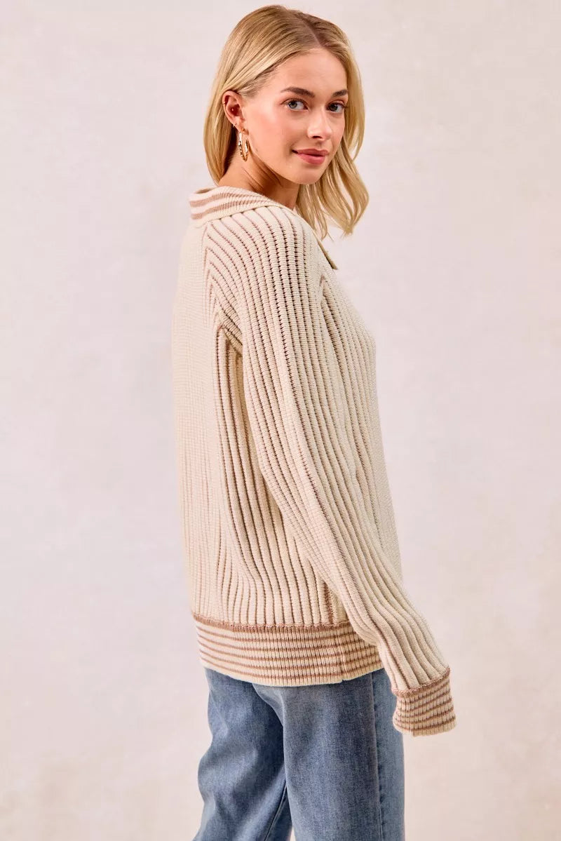 Half Button Ribbed Two Tone Sweater