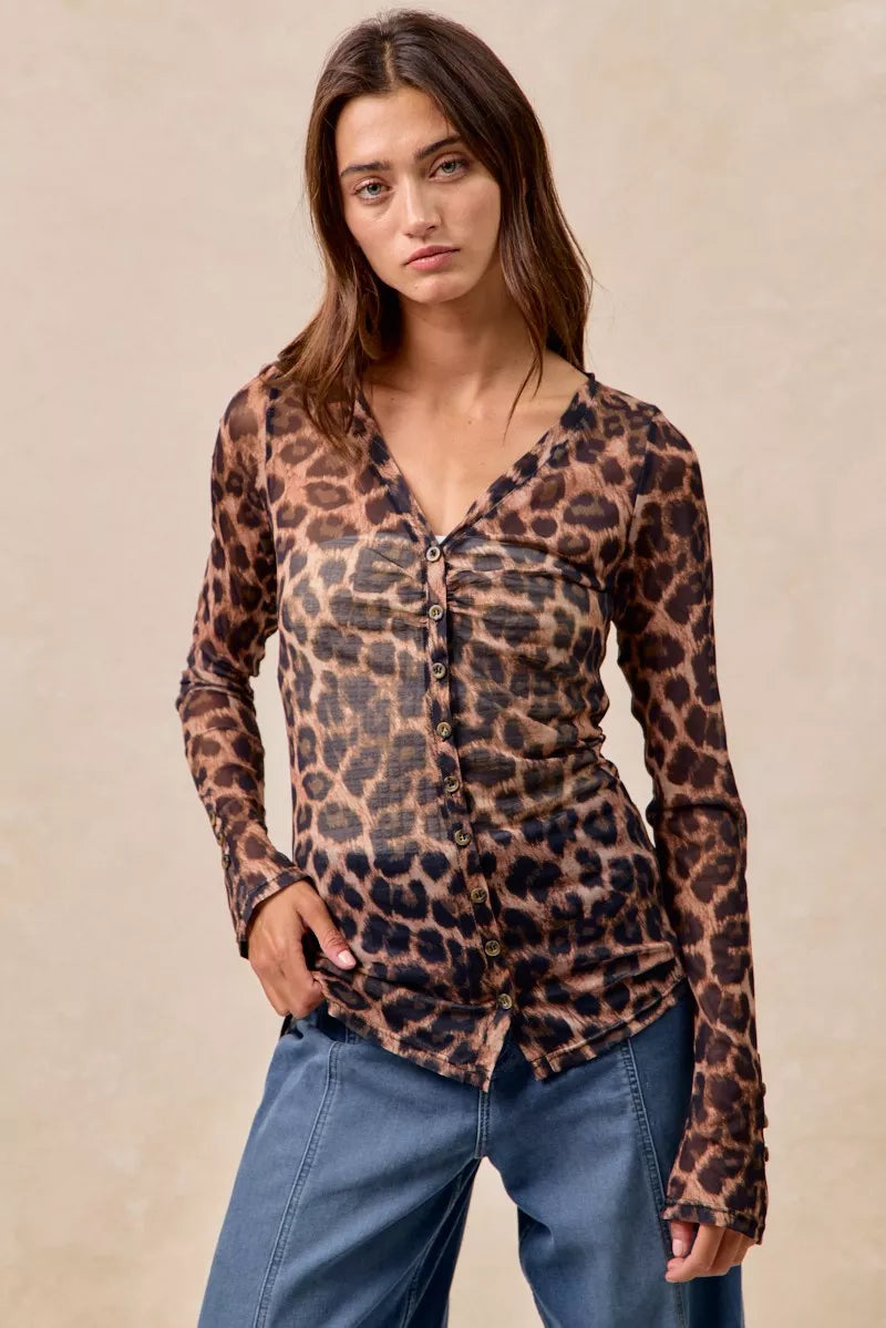 Leopard Printed Mesh Button Up Shirt