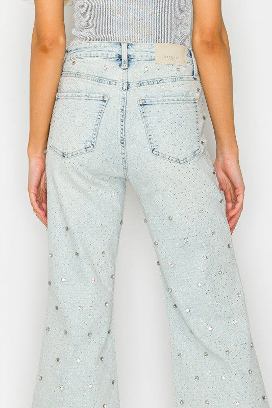 Jewel Embellished High Rise Cropped Palazzo Jeans