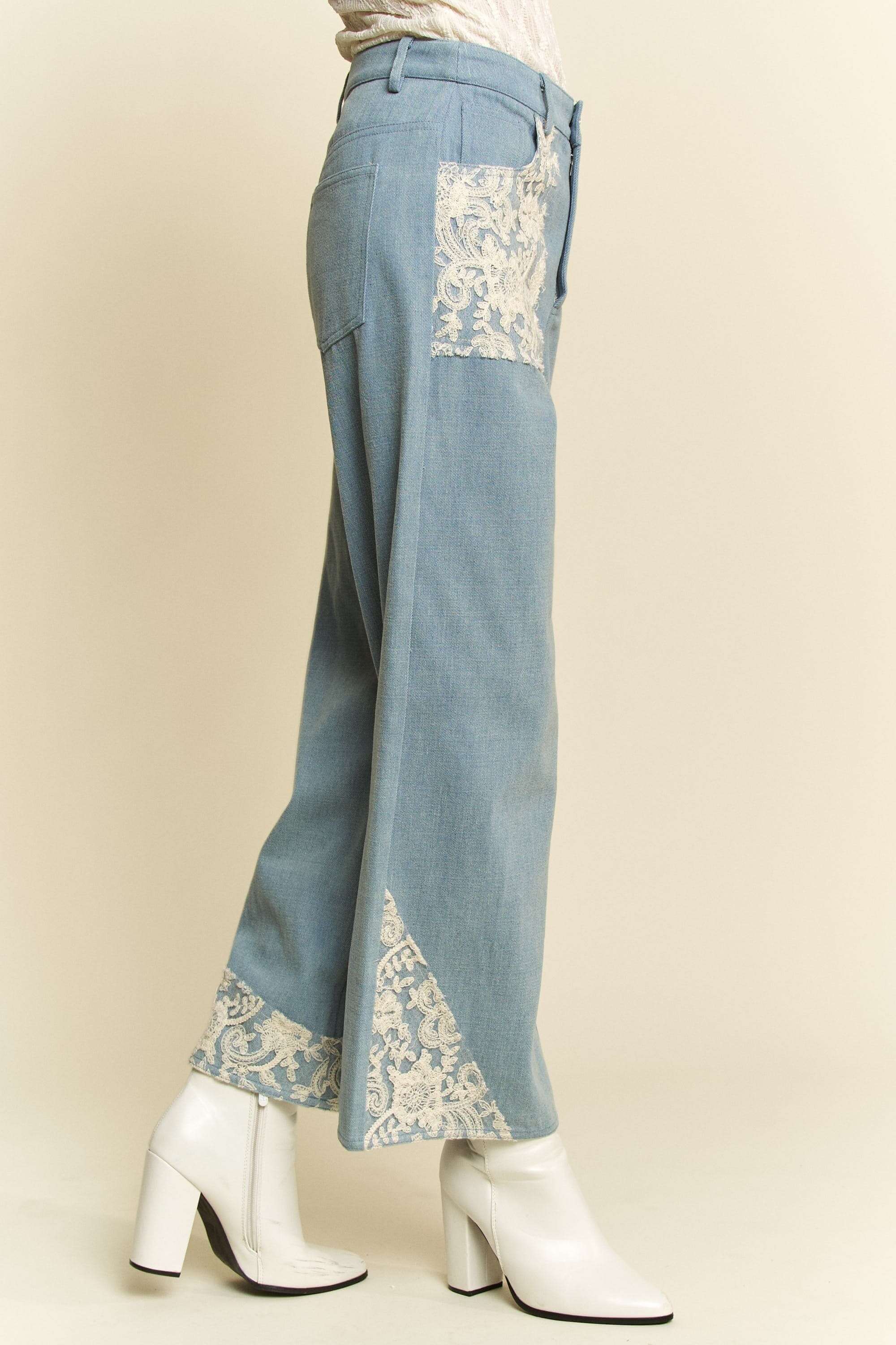 Lace Applique Wide Leg Jeans