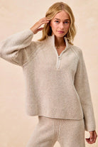 Rib Textured Knit Collared Top with Zip Up