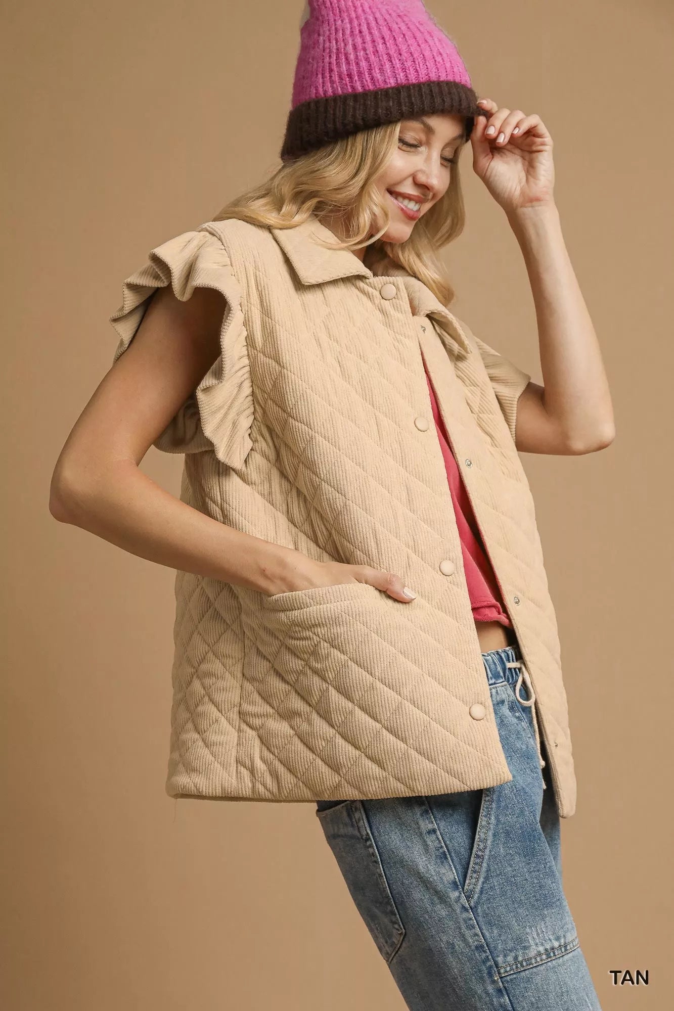 Corduroy Quilted Ruffle Sleeve Vest