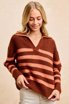 BiBi Striped Sweater Top with Collar Stitched Details