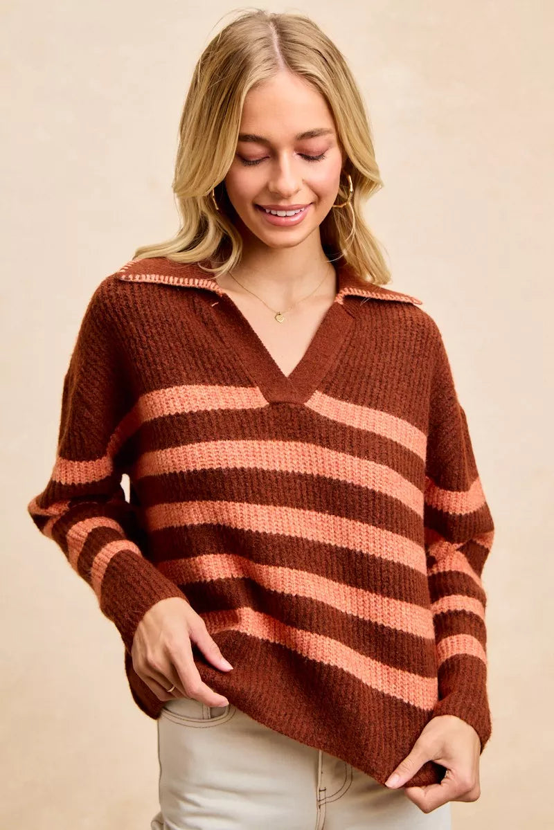 BiBi Striped Sweater Top with Collar Stitched Details