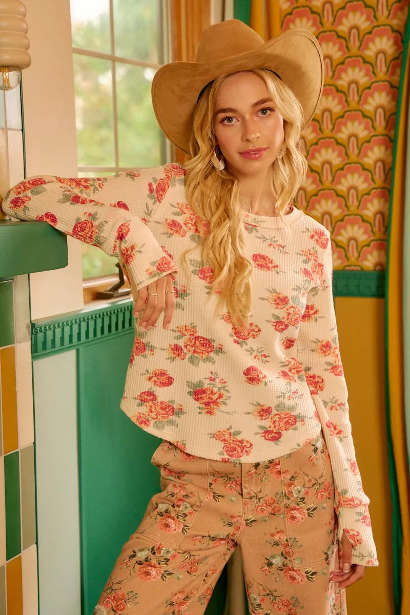 Floral Washed Waffle Thermal Top