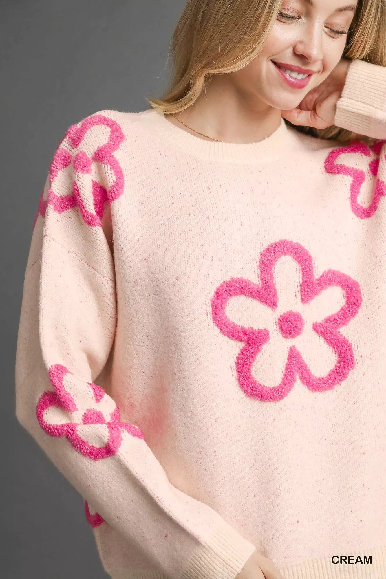 Umgee Round Neck Sweater with Pink Floral Accents