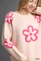Umgee Round Neck Sweater with Pink Floral Accents