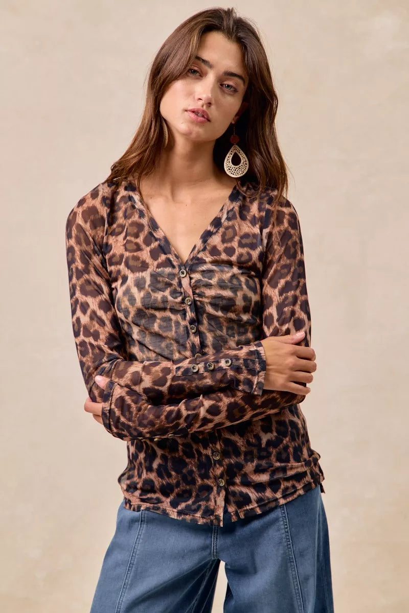 Leopard Printed Mesh Button Up Shirt