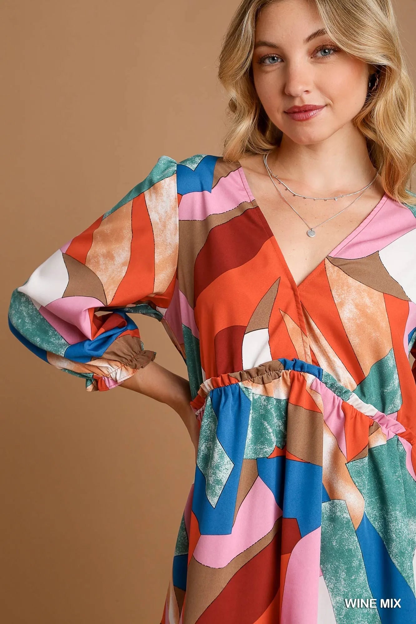 Abstract V-Neck Tiered Printed Dress