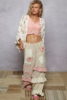 Openwork Chenille Cardigan with Contrast Floral