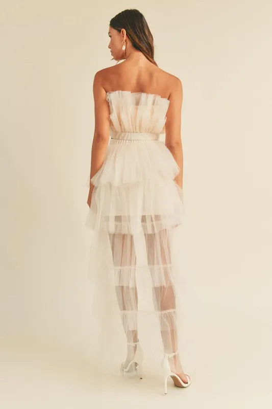 MABLE Tulle Tube Ruffle Crop Top and High Low Maxi Skirt Set