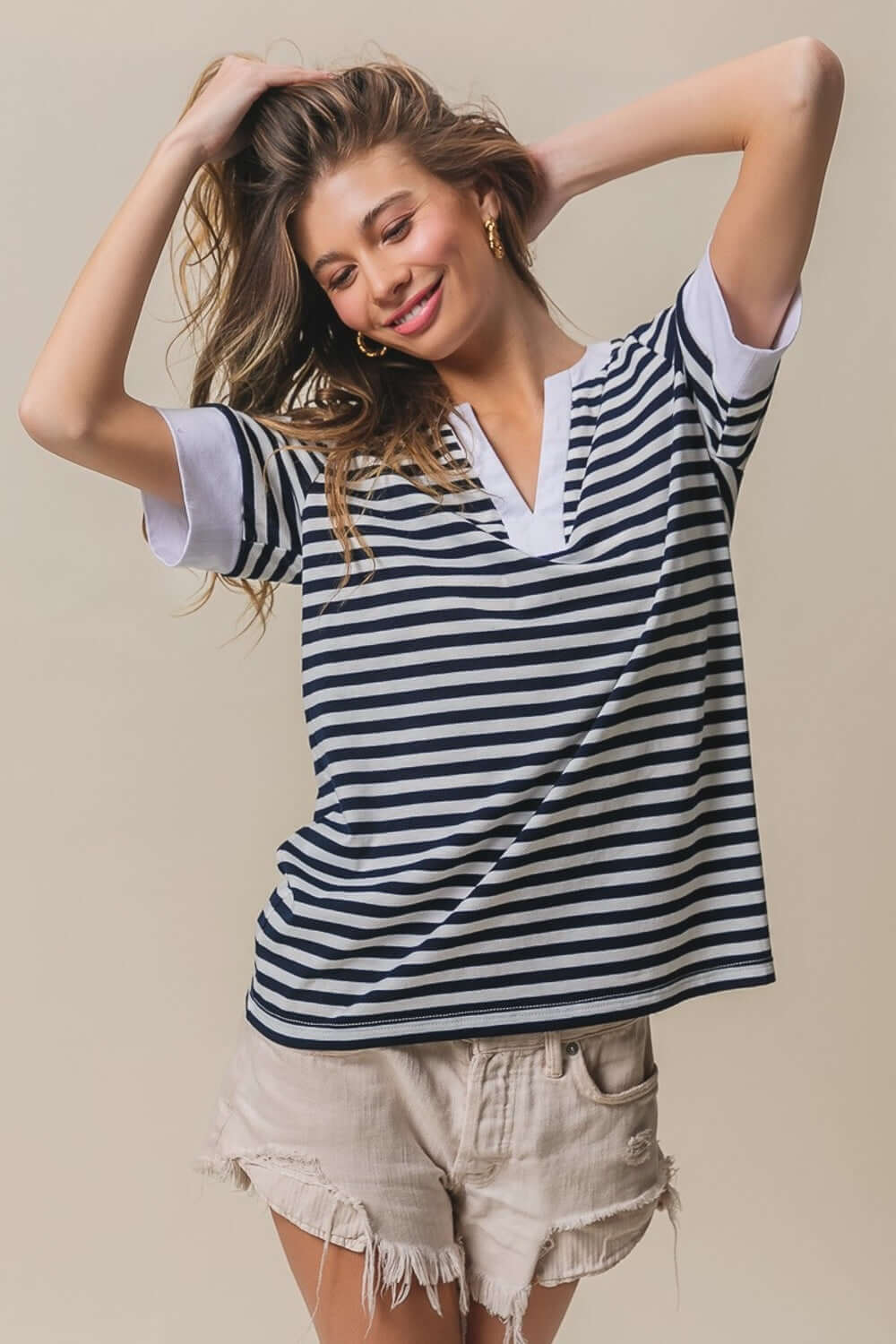 Contrast Striped Notched Top