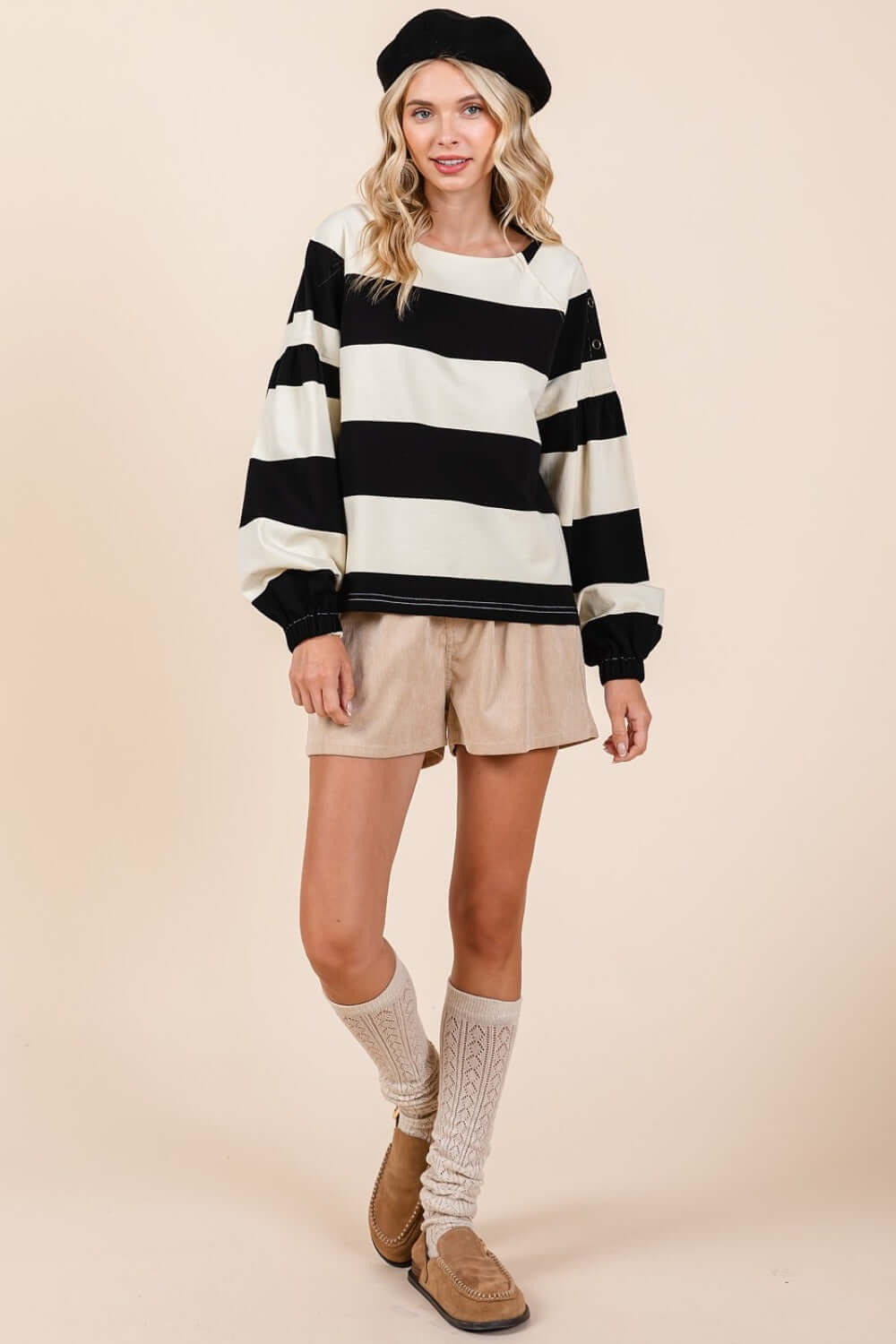 Striped Snap Shoulder Long Sleeve T-Shirt