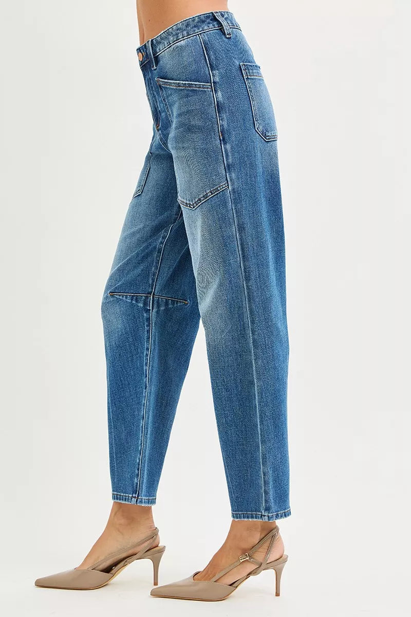 4 Way Stretch Mid Rise Barrel Jeans