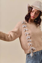 Plaid Tape Lace Up Ribbed Sweater