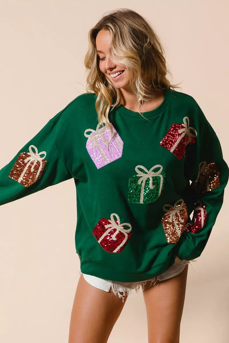 Sequin Christmas Gift Box Sweater
