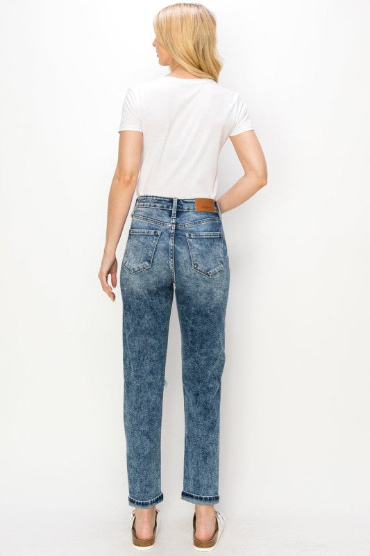 High Rise Stretch Distressed Mom Jeans