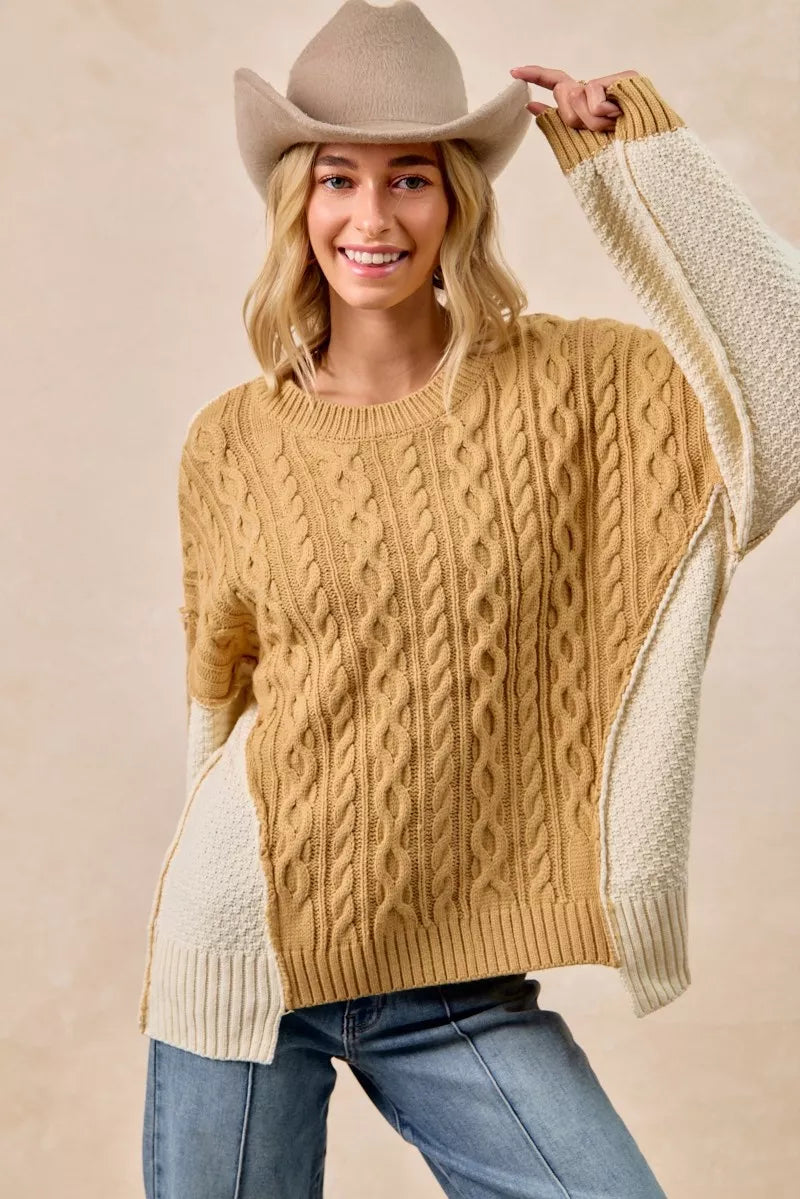 BiBi Cable Knit With Hacci Combo Sweater With Uneven Hem Detail