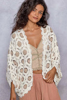 Openwork Chenille Cardigan with Contrast Floral