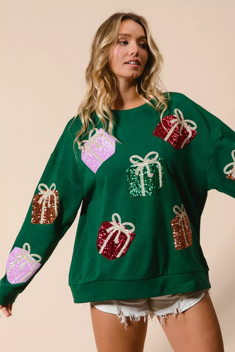 Sequin Christmas Gift Box Sweater