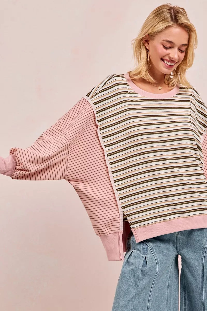 Striped Top With Cut Edge And Reverse Outseam