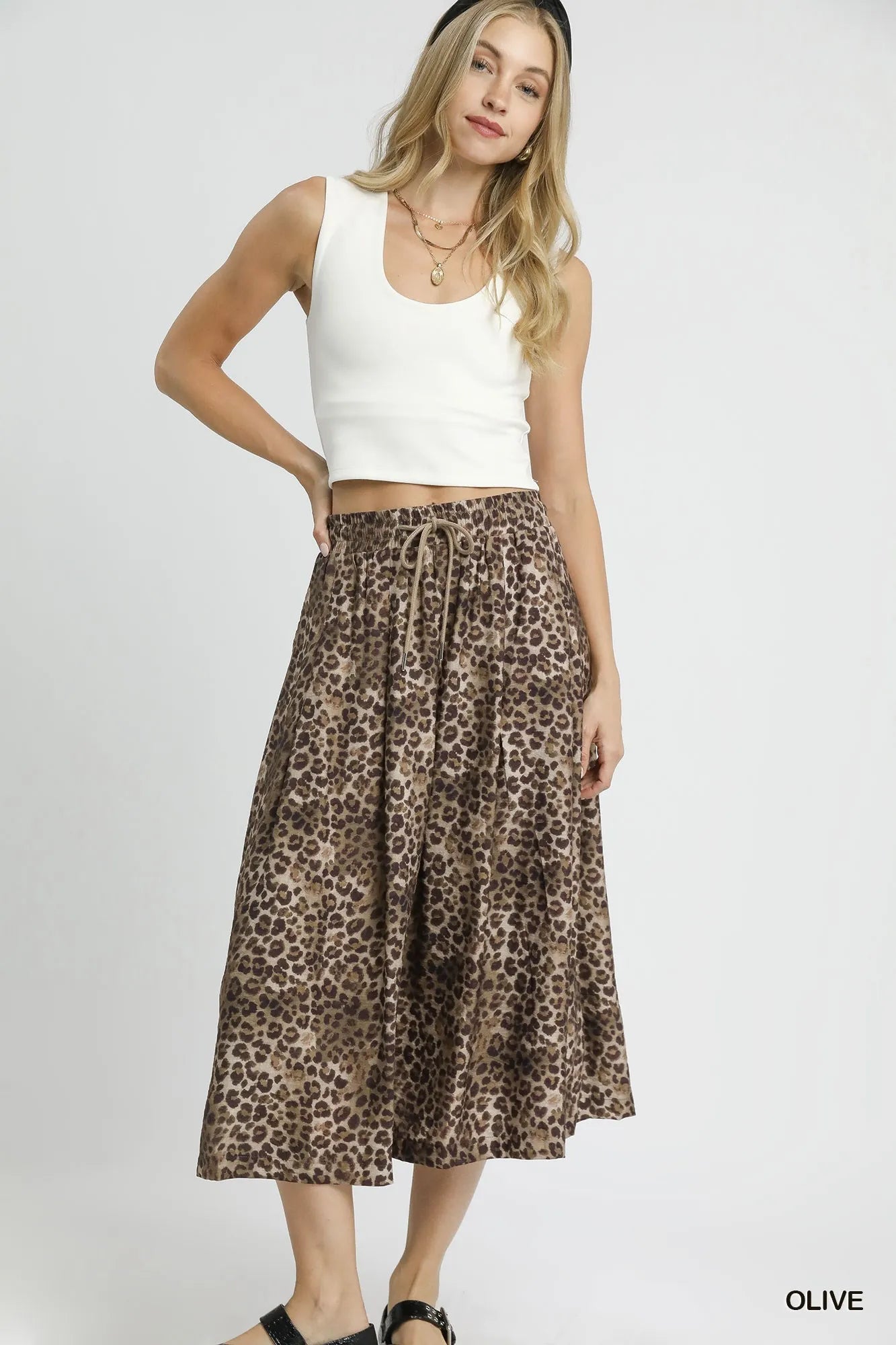 Drawstring Leopard Midi Skirt