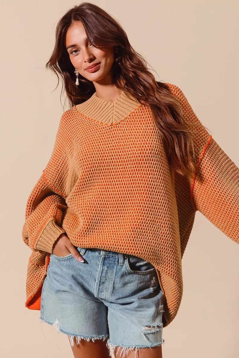 SO ME Oversized Two Tone Textured V Neck Sweater