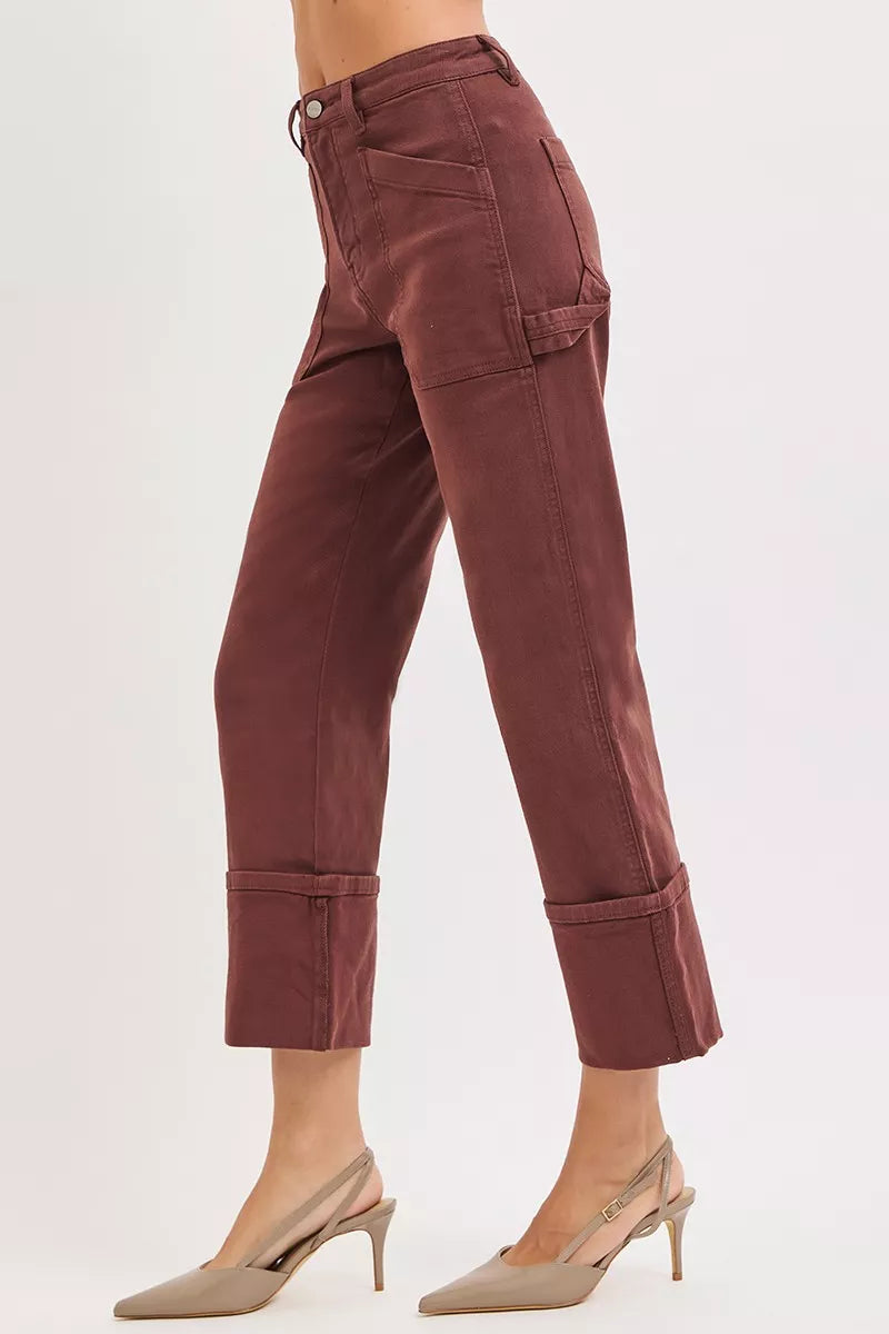 High Rise Wide Straight Cuffed Patch Jeans