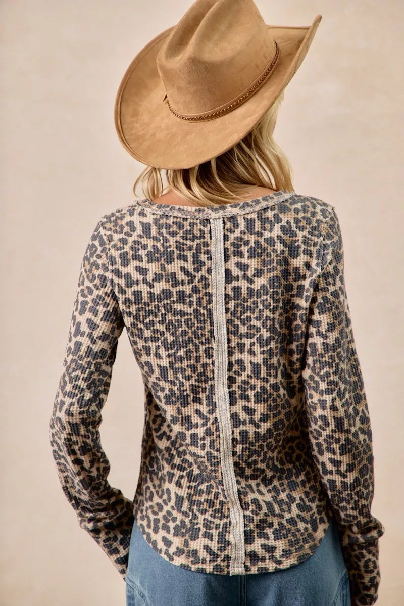 Leopard Print Washed Waffle Thermal Top