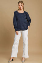 Wrinkled Round Neck Lantern Sleeve Blouse