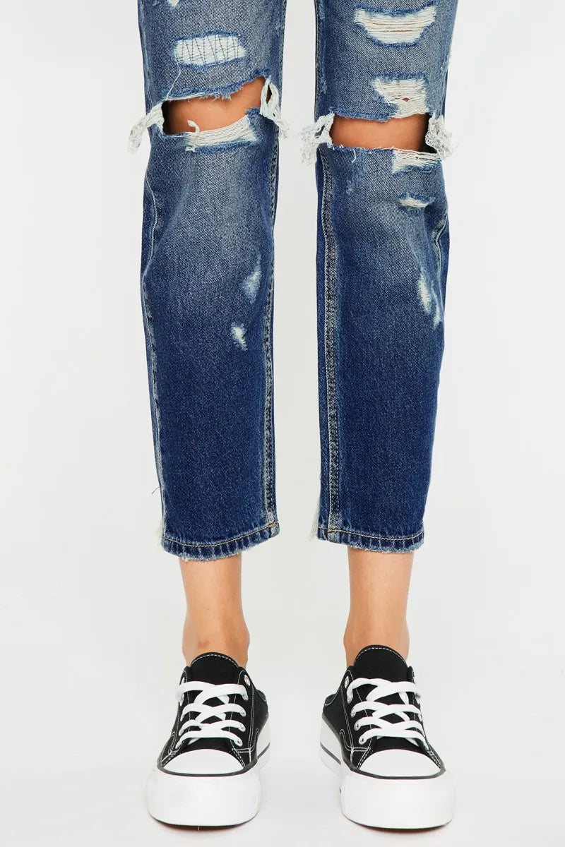 High Rise Distressed Mom Fit Jeans