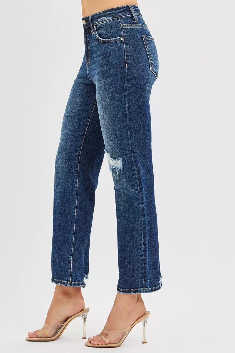 High Rise Crop Slim Straight Jeans with Hidden Knee Patch
