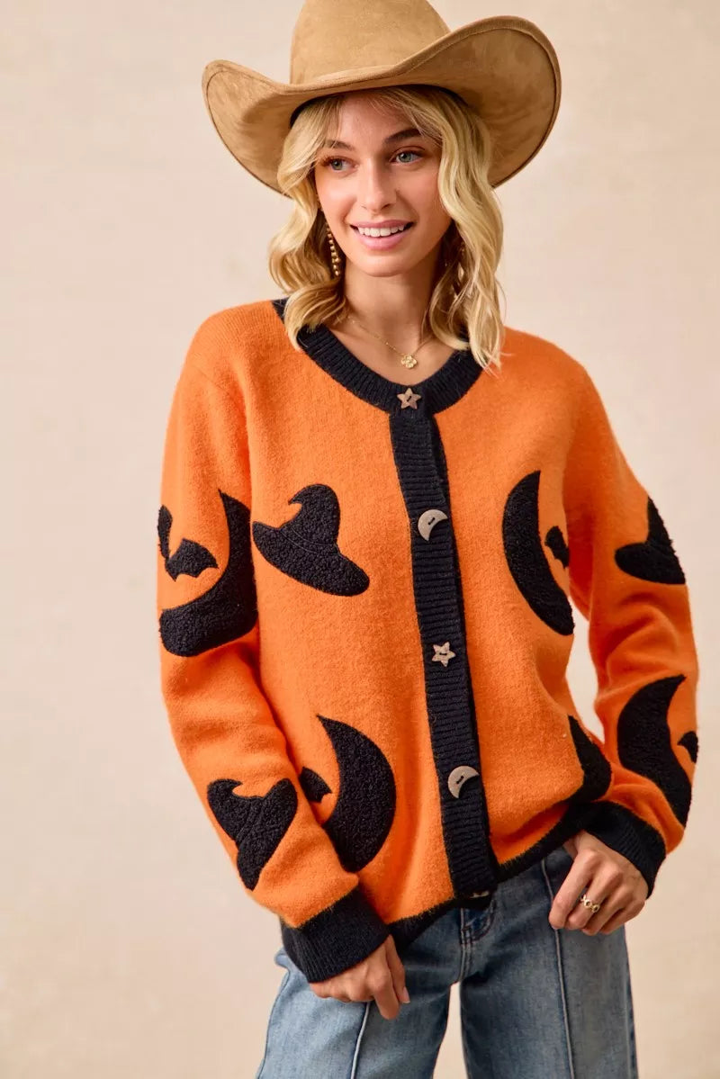 BiBi Halloween Witch Hat Moon Bat Artwork Cardigan