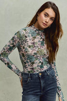 SO ME Floral Print Mesh Knit Long Sleeves Top
