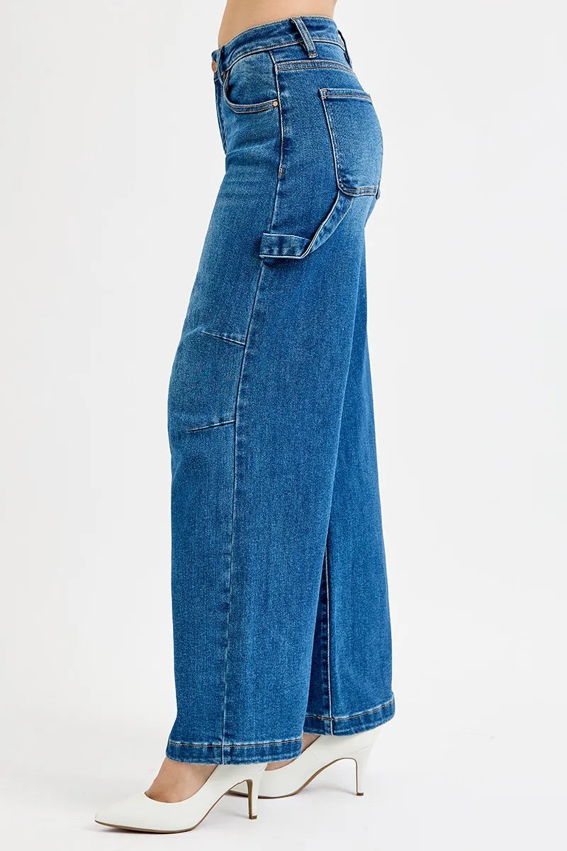 High Rise Wide Leg Patch Detailed Jeans