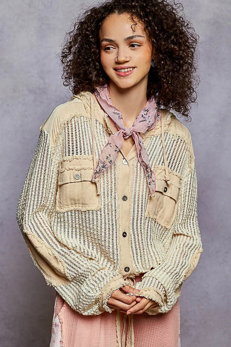 Textured Woven Button Down Hooded Shirt