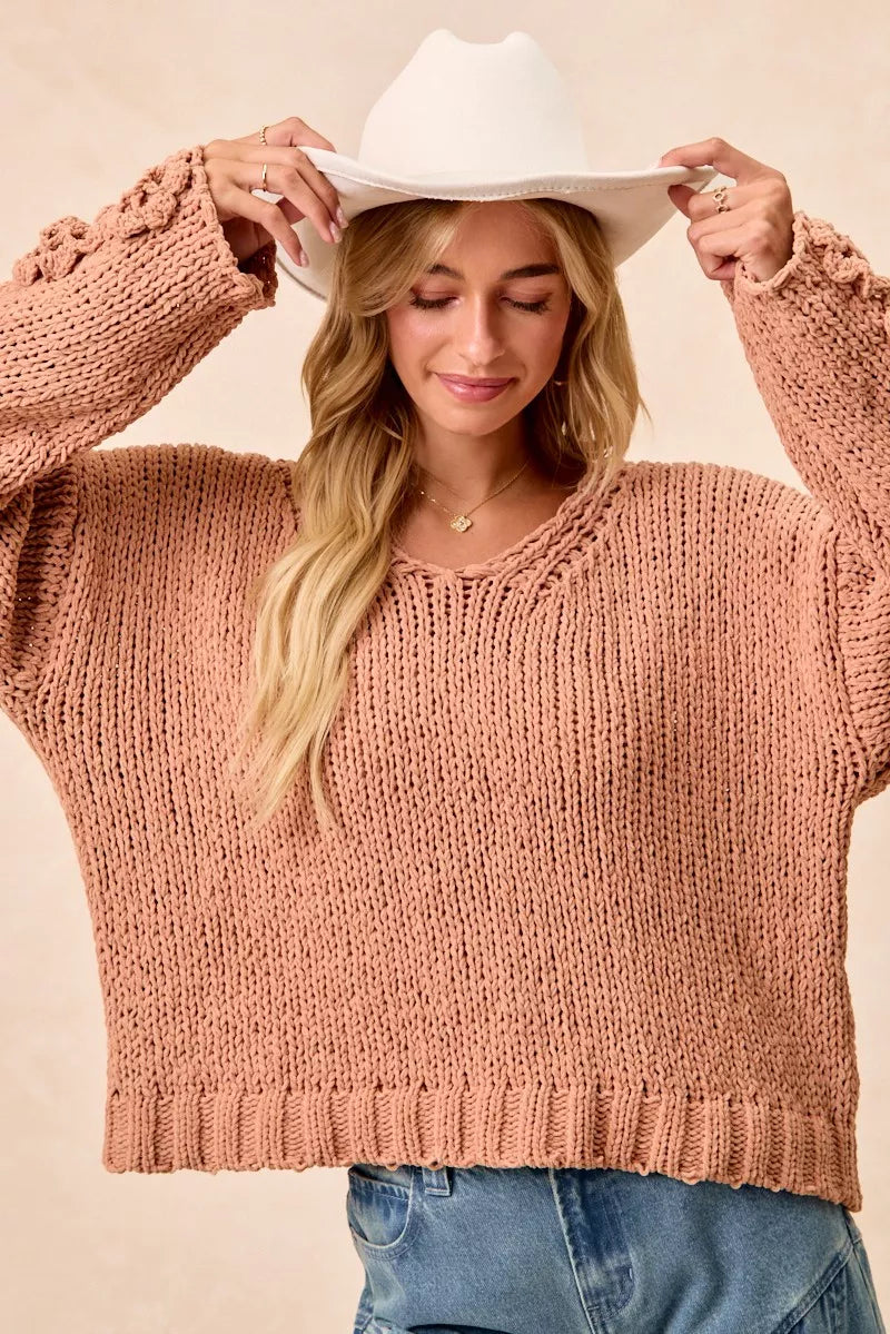 BiBi Chunky Knit Sweater with Flower Detail Sleeves