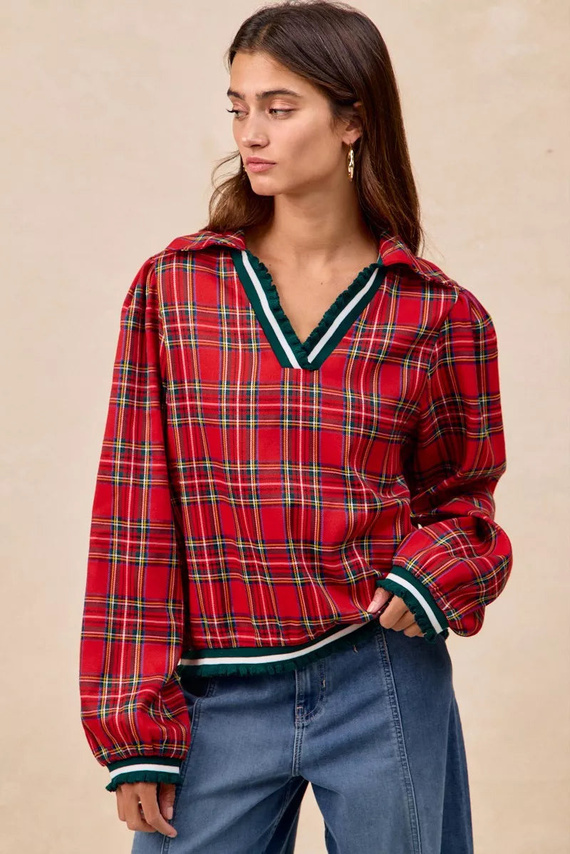 BiBi Christmas Plaid Collared Top with Ruffled Detail